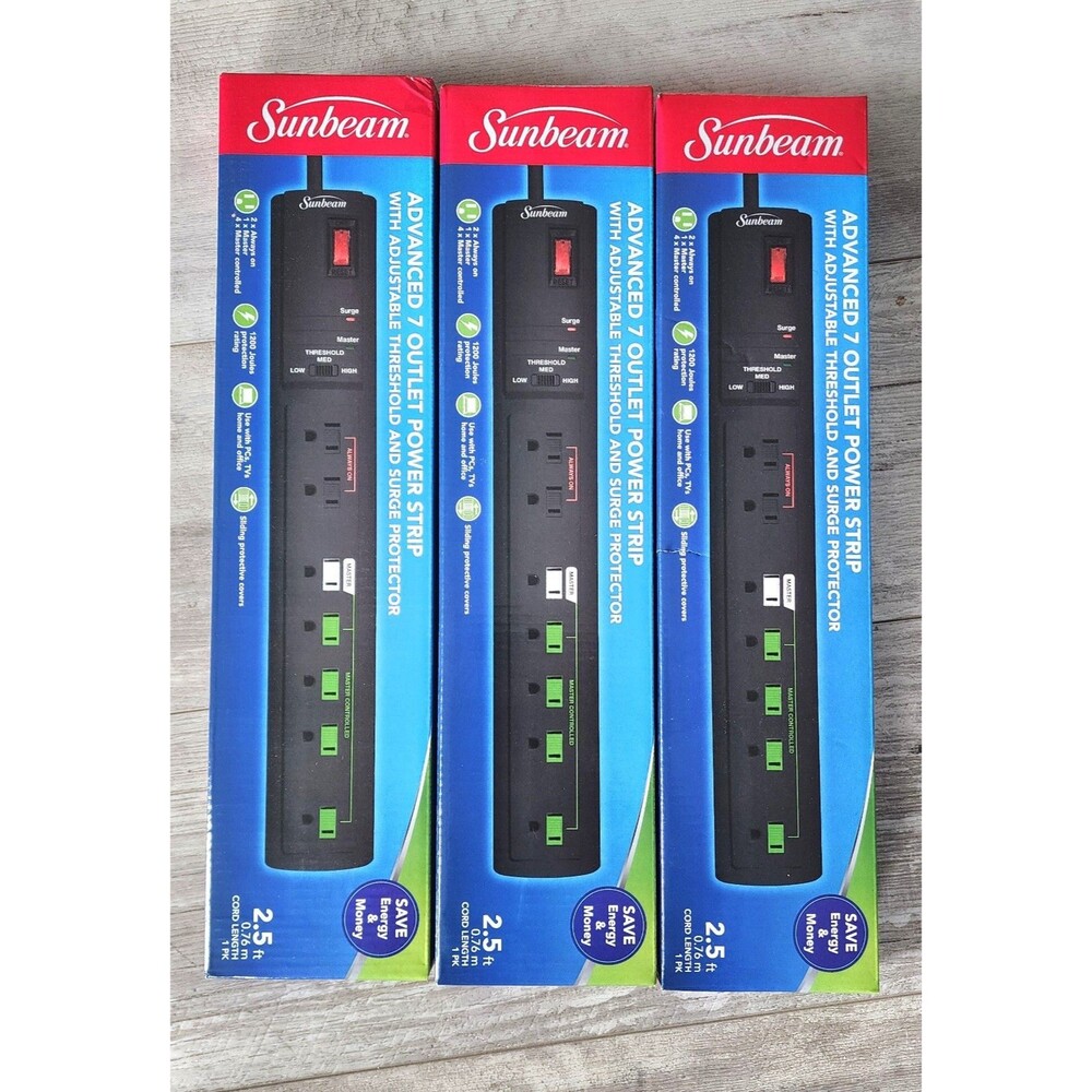 Lot of 3 Sunbeam Advanced 7 Outlet Power Strip New